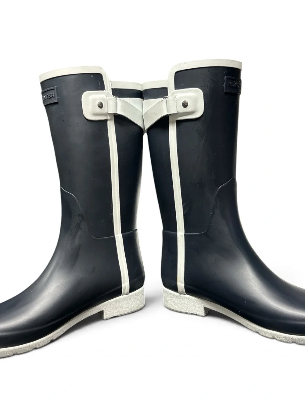 Hunter Boots Refined Slim Fit Contrast Rain Boots Dark Navy White Women Size 8